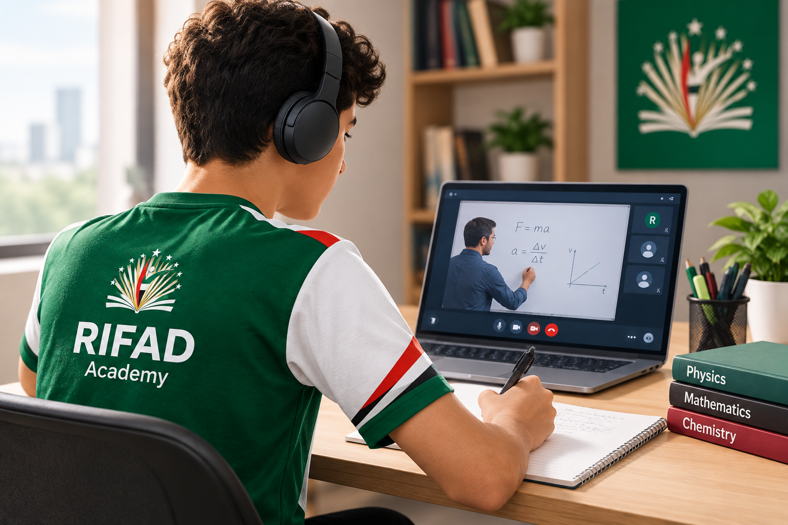 طالب يرتدي RIFAD Academy ويتابع حصة أونلاين على اللابتوب